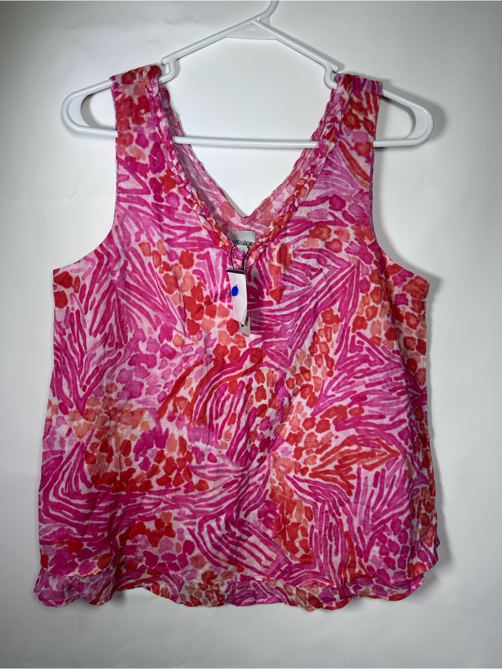 NIC+ZOE Size S Pink Orange Abstract Print Cotton Sleeveless V-Neck Top